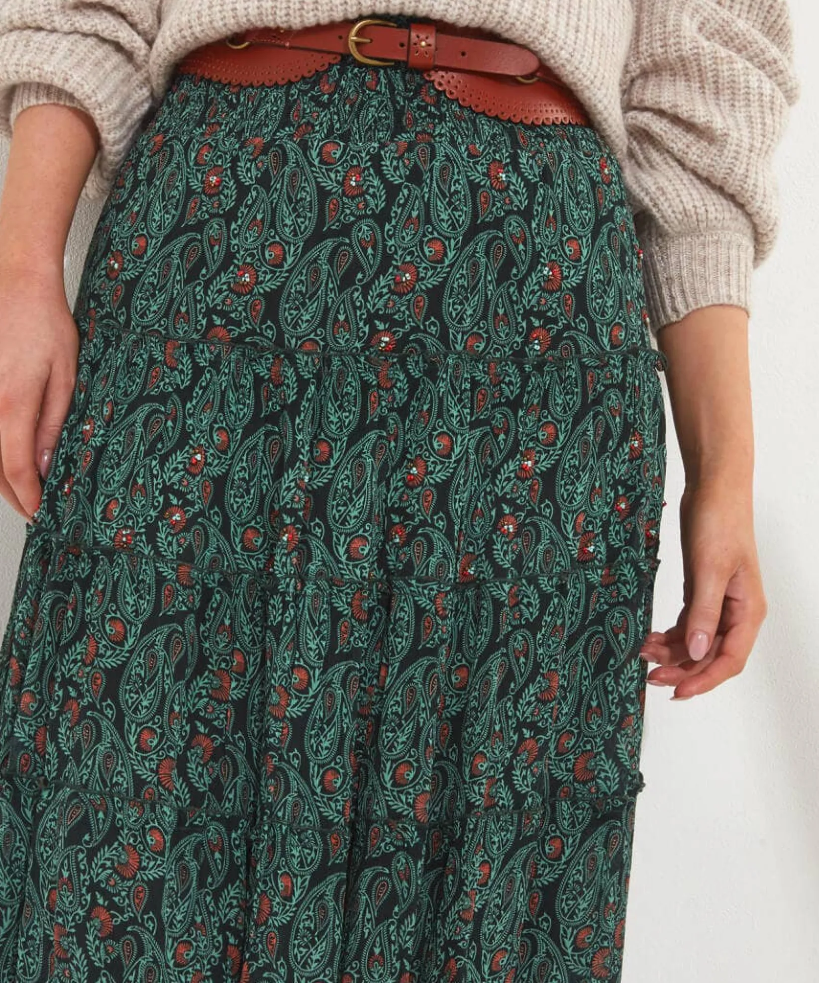 boho_days_beaded_skirt_5.webp Shop Women's Collection | Occasion Outfits | Skirts | Sale Skirts | Top Picks | Top Picks | Women's | Women's Joe Browns Boho Days Beaded Skirt Green