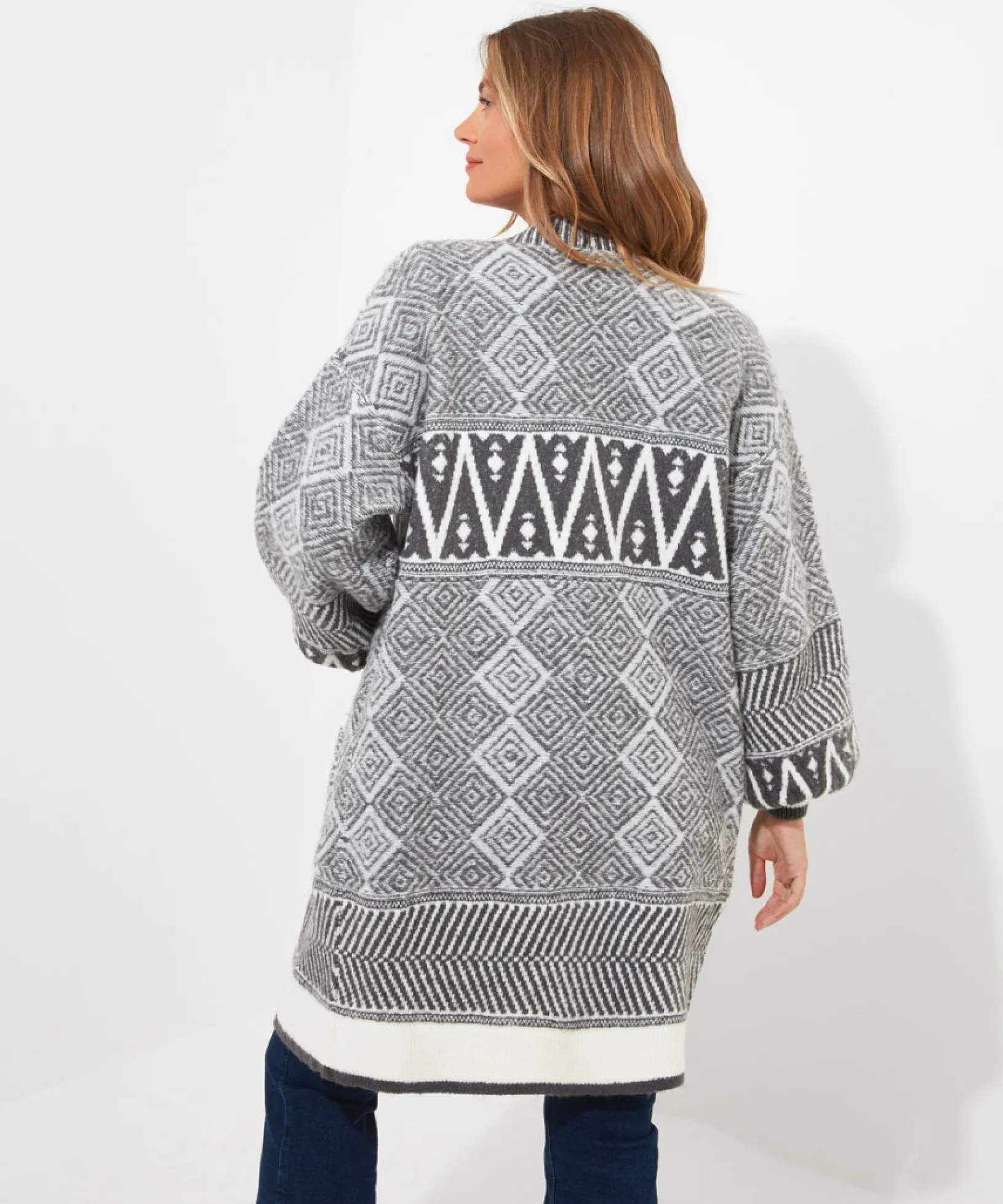 dazzling_geo_balloon_slee_2.webp Cardigans & Coatigans | Sale Knitwear & Jumpers | Top Picks | Women's Joe Browns Dazzling Geo Balloon Sleeve Cardigan Grey