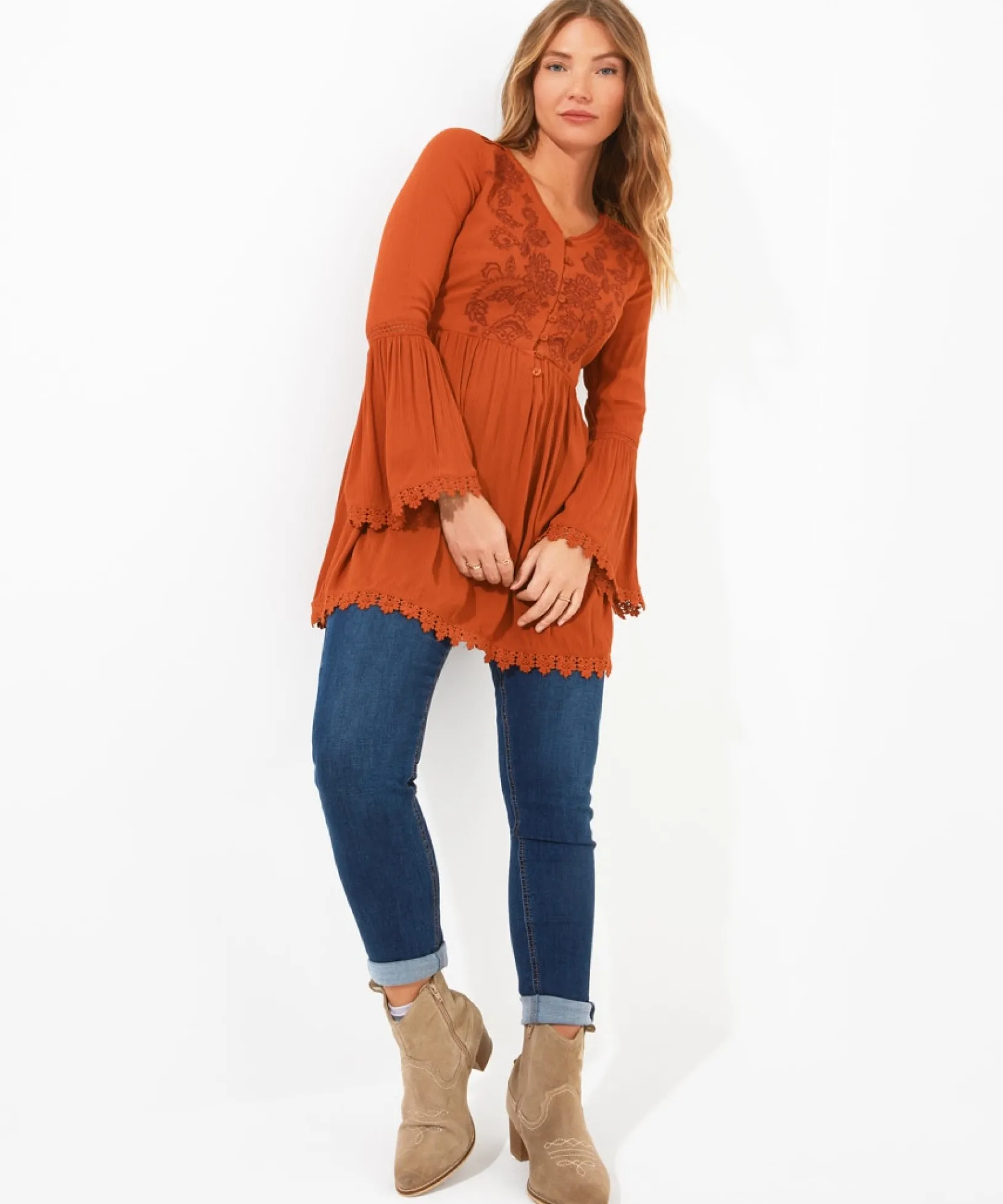 ever_so_pretty_embroidere_2.webp Shop Women's Collection | Tops, Tunics & Blouses | Sale Tops, Tunics & Blouses | Top Picks | Women's | Women's Joe Browns Ever So Pretty Embroidered Tunic Top Orange