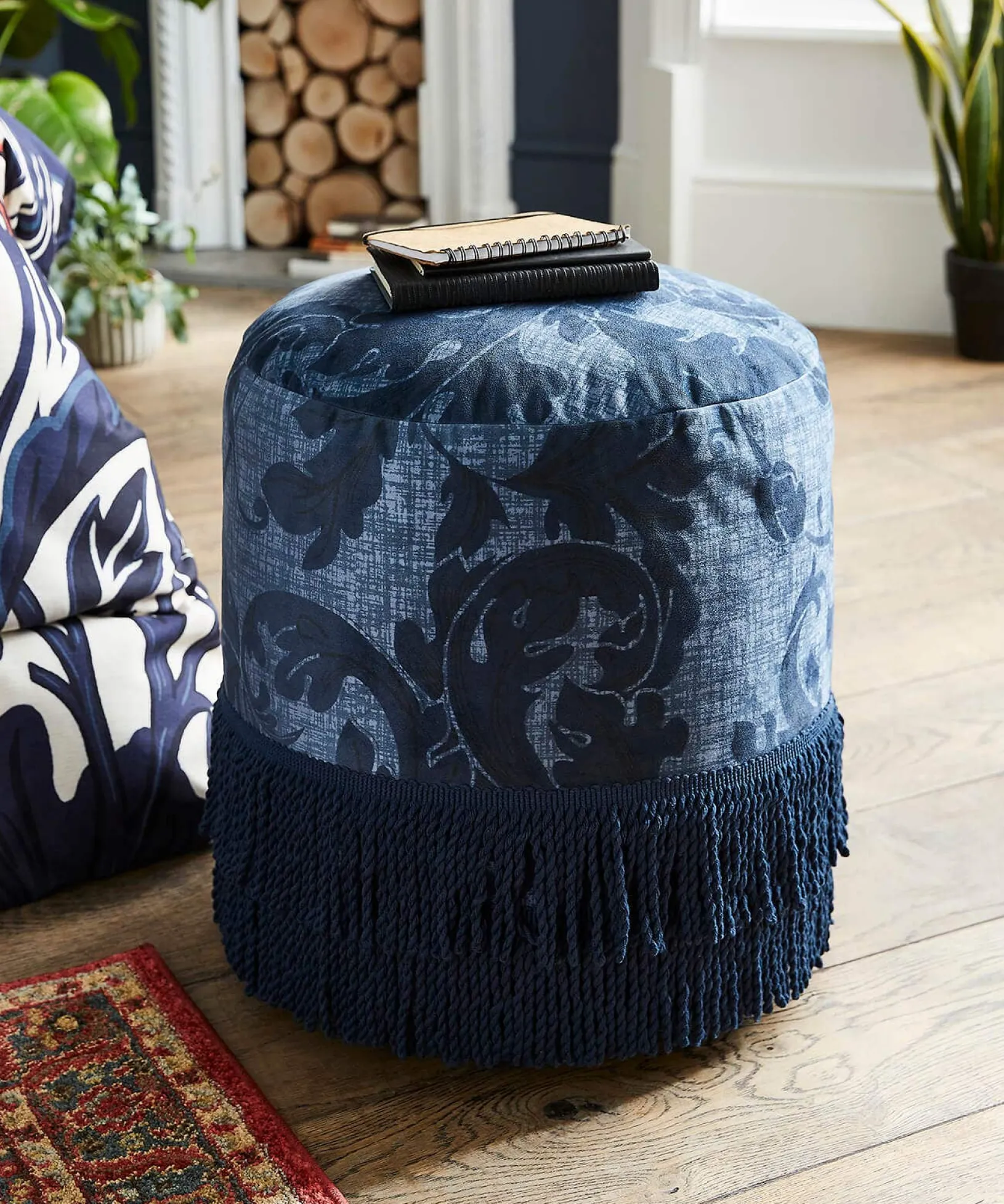 heritage_fringed_velvet_f_0.webp Floral Décor | Sale Furniture | Home | Home Joe Browns Heritage Fringed Velvet Footstool Navy / Green