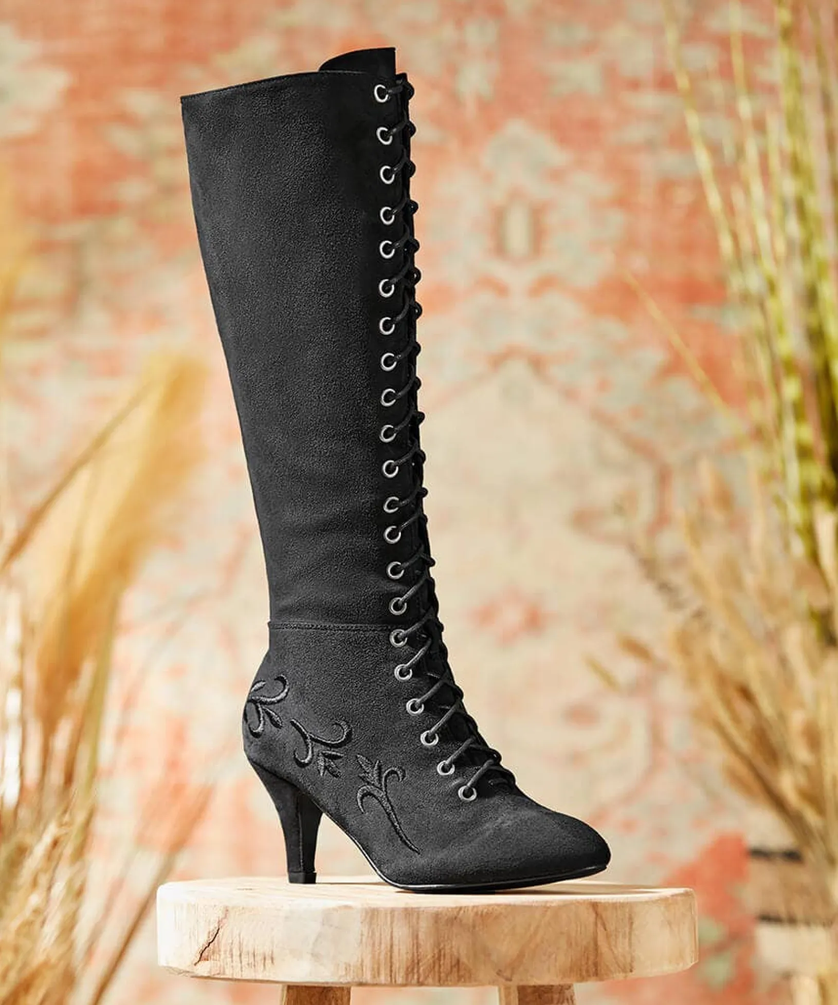 layla_lace_up_embroidered_0.webp Knee High Boots | Party Footwear | Boots & Shoes | Top Picks | Top Picks | Women's Joe Browns Layla Lace Up Embroidered Boots Black