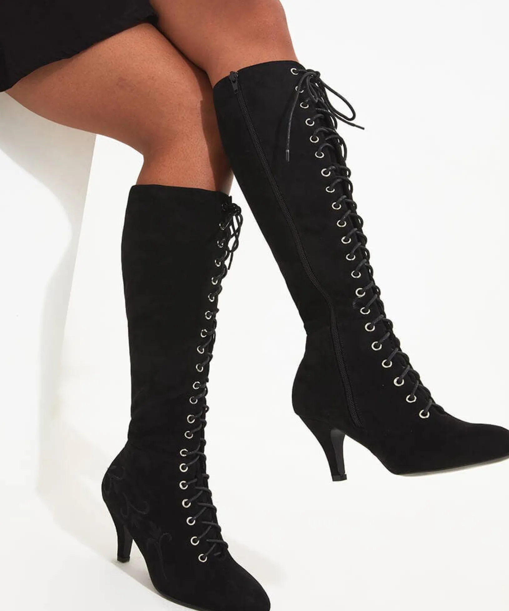 layla_lace_up_embroidered_2.webp Knee High Boots | Party Footwear | Boots & Shoes | Top Picks | Top Picks | Women's Joe Browns Layla Lace Up Embroidered Boots Black