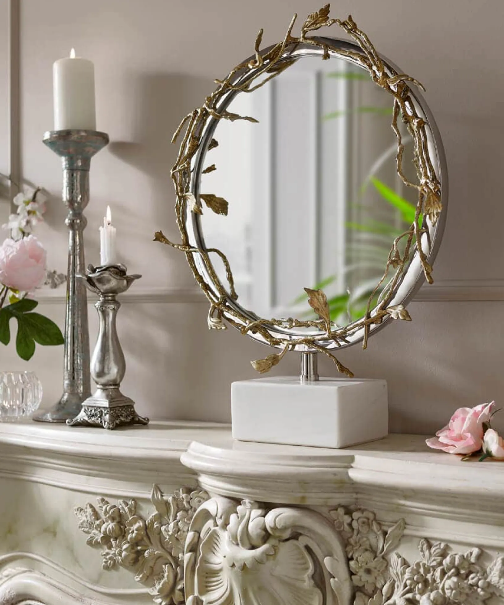 nouveau_brass_table_mirro_0.webp Living Room | Nouveau Reflections | Mirrors | Home Accessories | Gifts | Home | Home | Home | Home | Women's Joe Browns Nouveau Brass Table Mirror With Stone Base Gold
