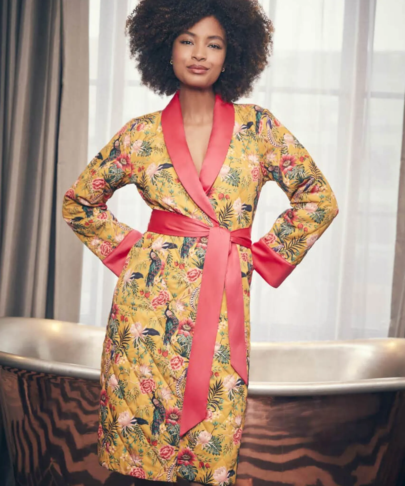 peacock_print_dressing_go_4.webp Pyjamas & Loungewear | Gifts | Sale Pyjamas & Loungewear | Women's | Women's | Women's Joe Browns Peacock Print Dressing Gown Gold