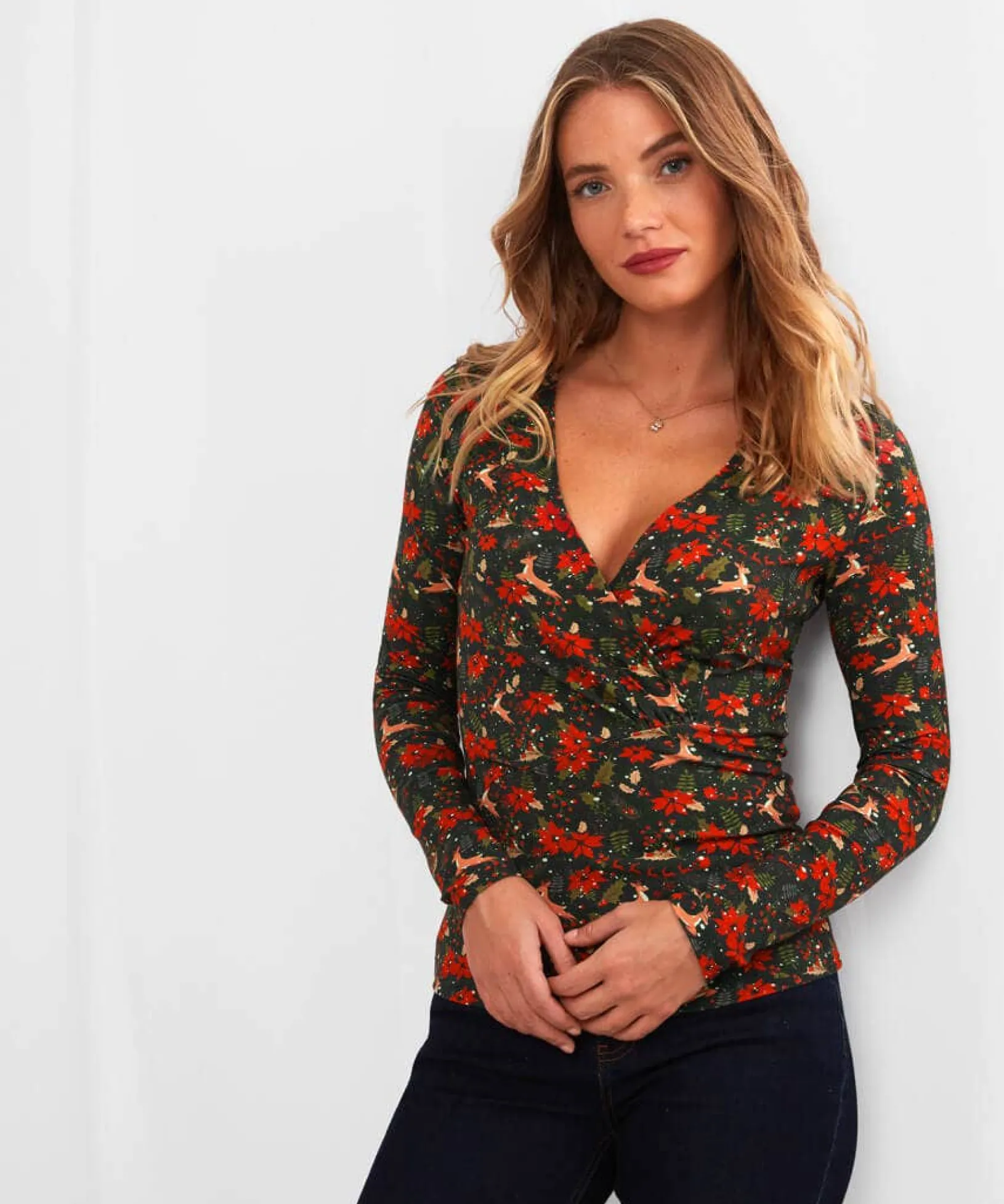 radiant_reindeer_wrap_top_0.webp Tops, Tunics & Blouses | Half Price Christmas Styles | Sale Tops, Tunics & Blouses | Women's | Women's | Women's Joe Browns Radiant Reindeer Wrap Top Green