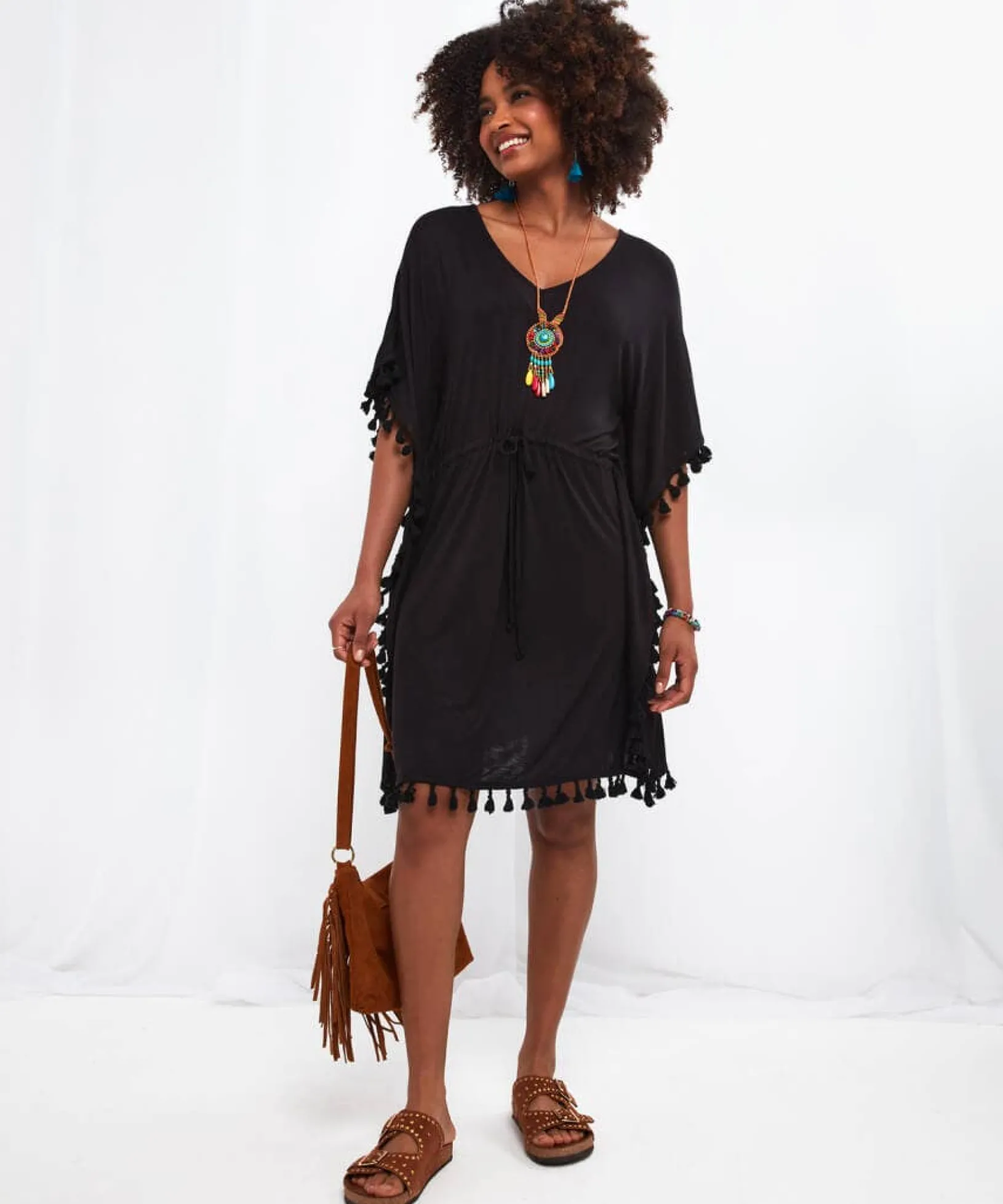 tassel_trim_boho_beach_co_2.webp Sale Accessories & Jewellery | Sale Tops, Tunics & Blouses | Women's | Women's Joe Browns Tassel Trim Boho Beach Cover Up Black / Blue